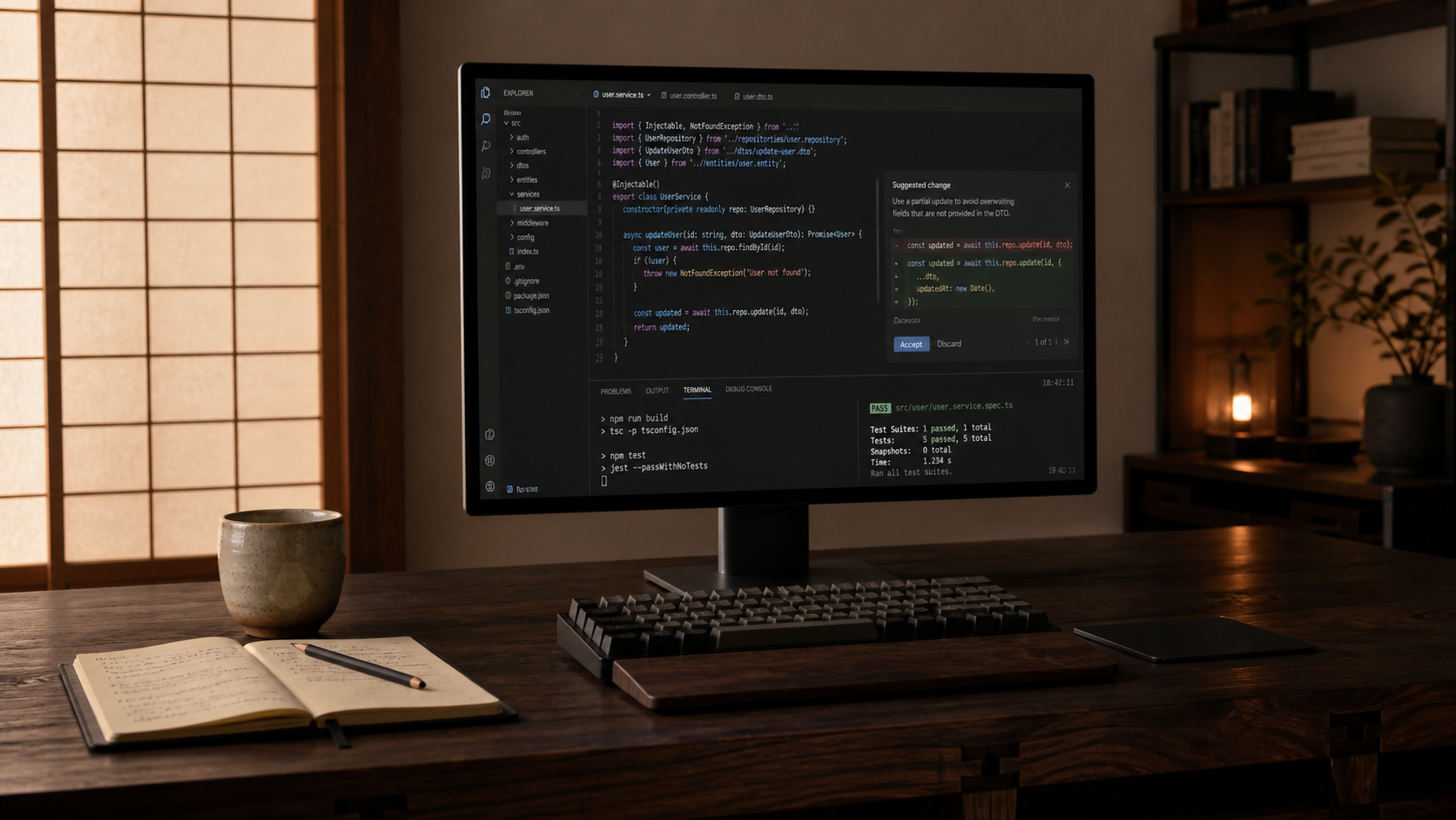 Escritorio de desarrollo con un editor de código y una sugerencia en revisión, junto a un panel shōji y una taza de cerámica